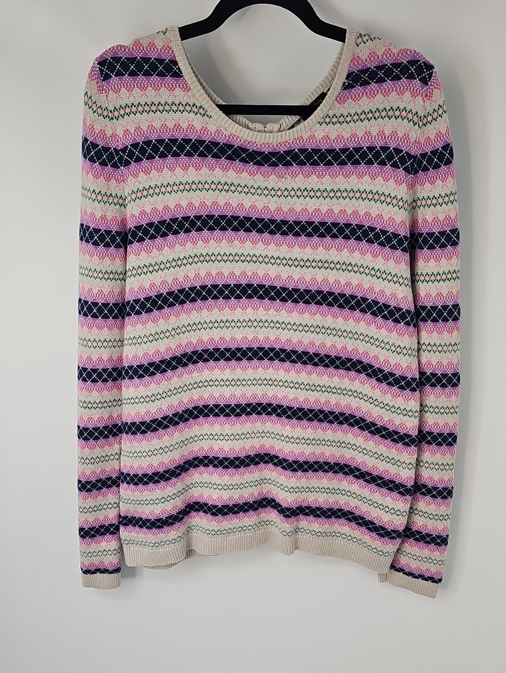 Talbots Fair Isle Winter Sweater w Back Zipper + Pink Navy & Green Stripes Sz:L